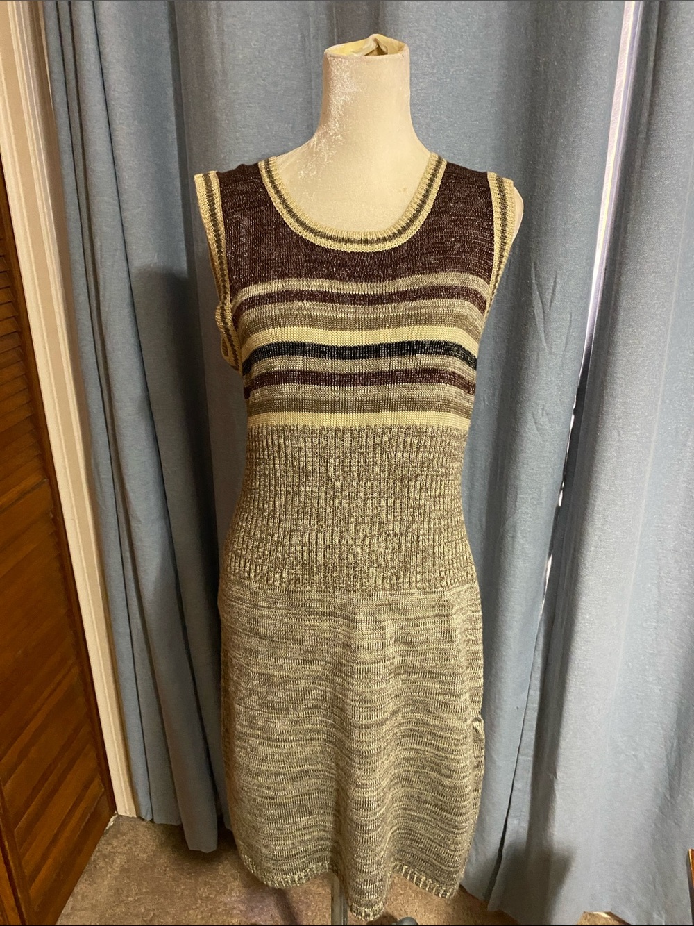 Sleeveless Knit Stripe Dress in Cream and Brown with glittery gold thread.